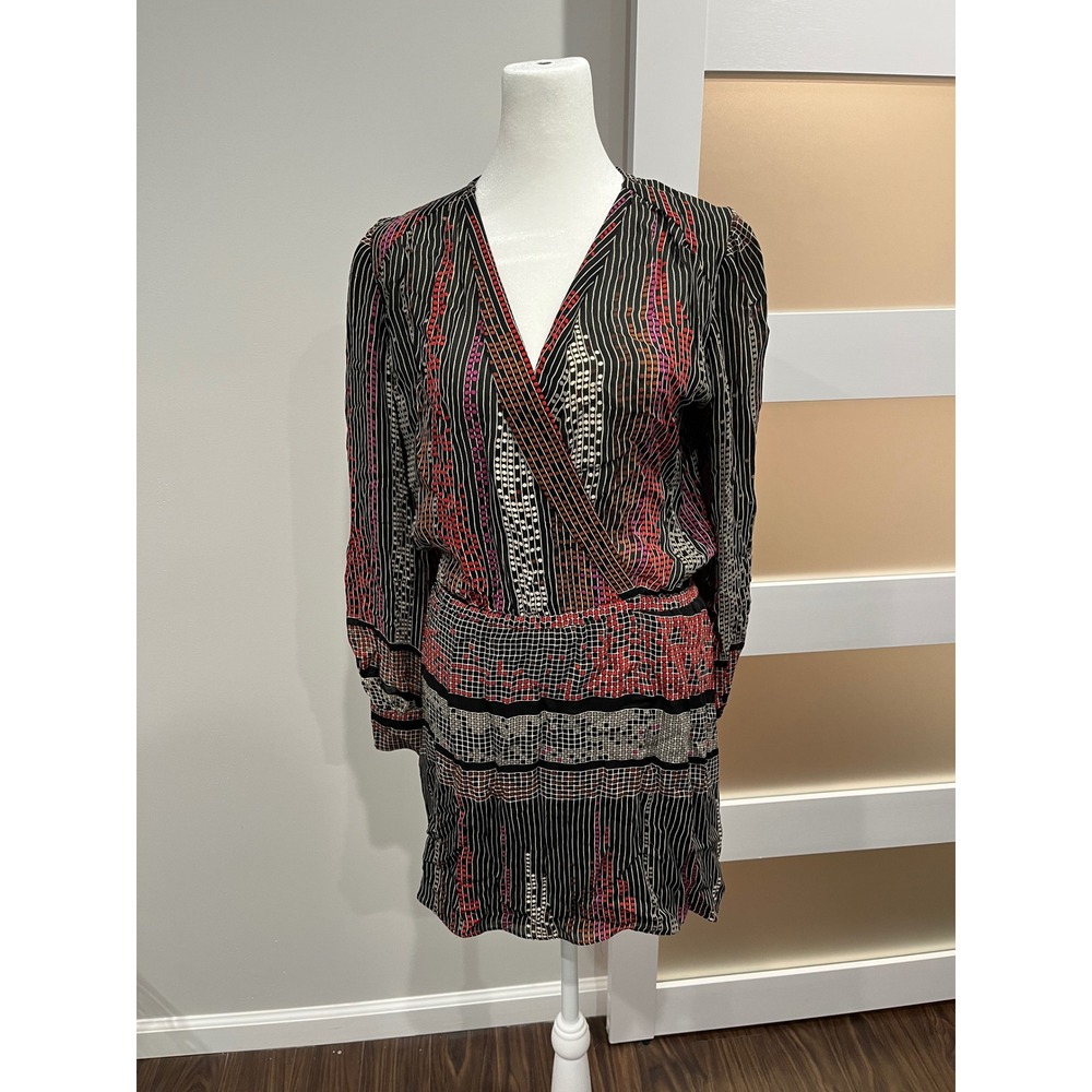 Parker Silk Wrap Dress Black Red Geometric Stripe Print Long Sleeve Size Small‎